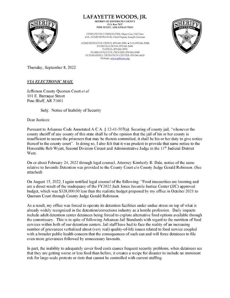 Jefferson County Sheriff notifies Quorum Court of County Jail issues